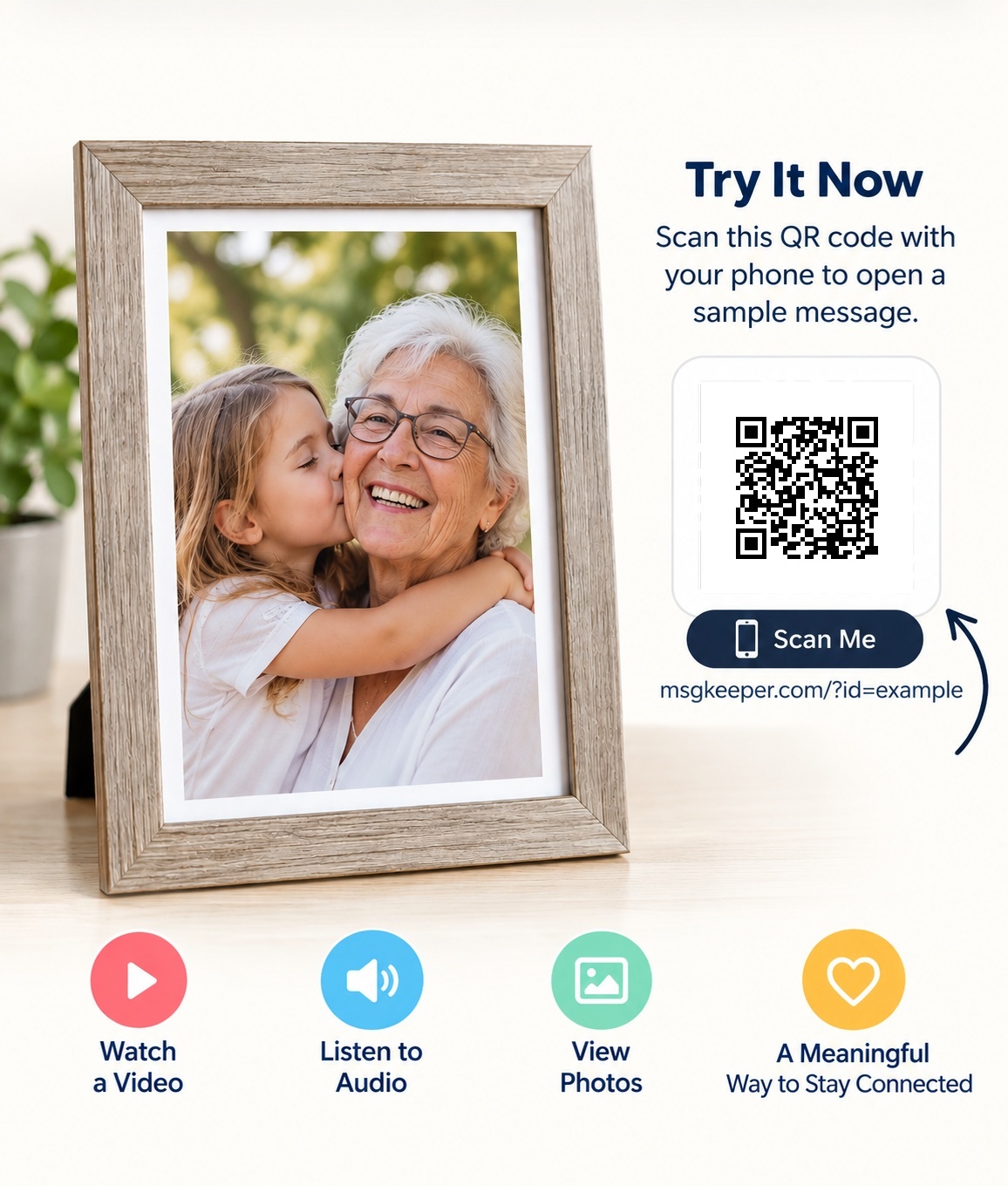 Sample MsgKeeper product with a real scannable QR code that opens the example activation