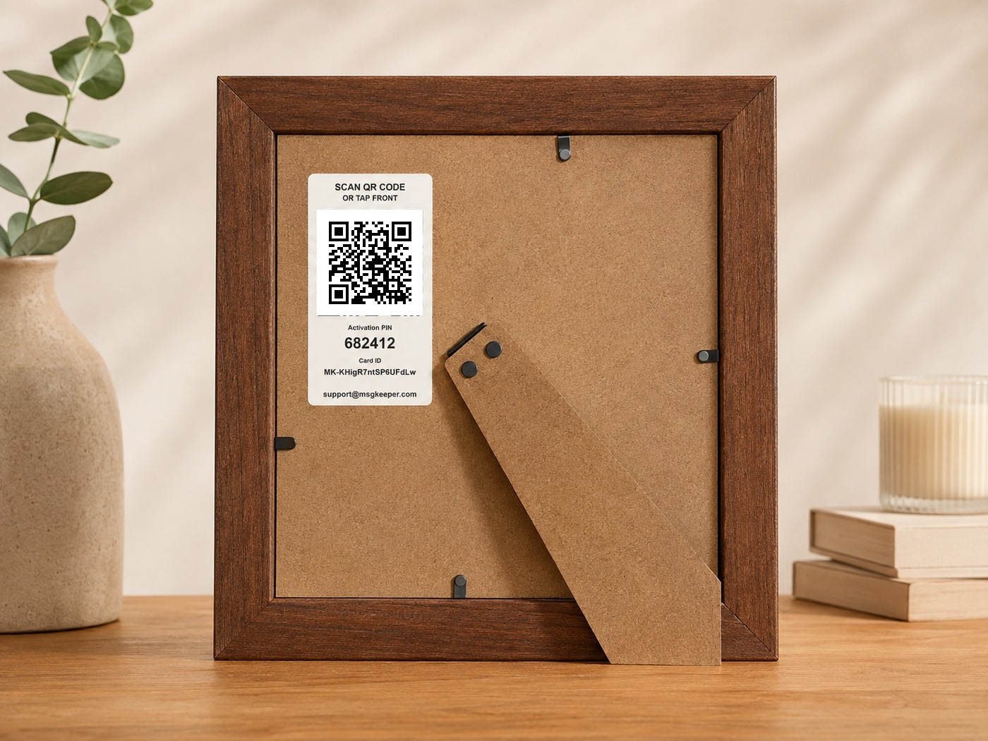 MsgKeeper™ QR and NFC label placed on the back of a picture frame
